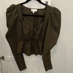 TOPSHOP Dark Green Textured Blouse with Puff Sleeves and tie-front